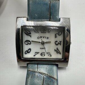 Orvis Watch Women Silver Tone White Dial Blue Leather Band New Battery 8 Inch